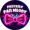 Wzór: Przypinka Przyszły Pan Młody z Imieniem Neonowa Muszka – napis Przyszły Pan Młody i pole imię
