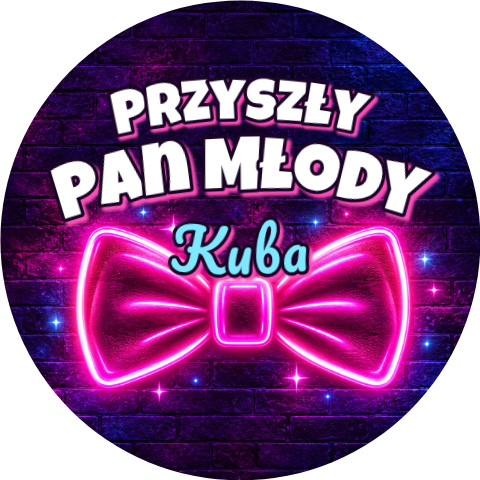 Wzór: Przypinka Przyszły Pan Młody z Imieniem Neonowa Muszka – napis Przyszły Pan Młody i pole imię