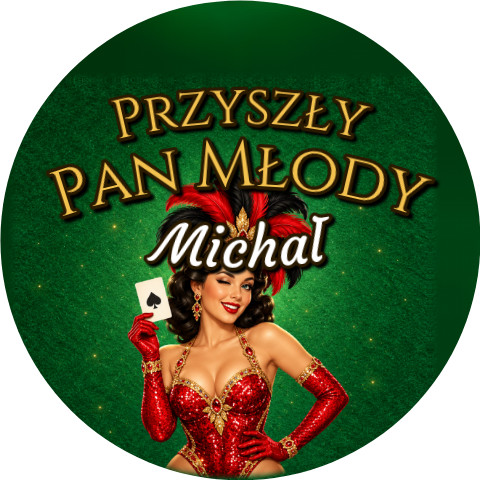 Wzór: Przypinka Przyszły Pan Młody z Imieniem Showgirl z Kartą – napis Przyszły Pan Młody i pole imię