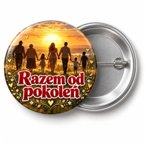 Przypinka Razem od Pokoleń: kolorowa przypinka na zjazd rodzinny z napisem Razem od pokoleń – przód i aluminiowy tył z agrafką