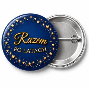 Przypinka Razem po Latach Złoty Napis: przypinka na spotkanie klasowe z napisem Razem po latach – przód i aluminiowy tył z agrafką