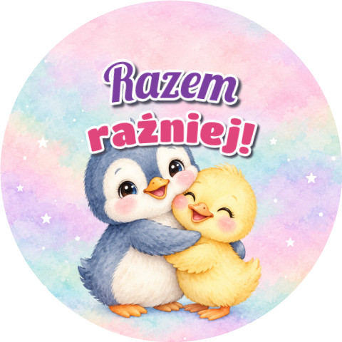 Wzór: Przypinka Razem Raźniej Pingwinek i Kaczuszka – grafika z napisem Razem raźniej!