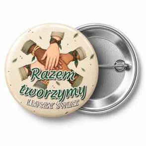 Przypinka Razem Tworzymy Lepszy Świat: przypinka na Dzień Myśli Braterskiej z napisem Razem tworzymy lepszy świat – przód i aluminiowy tył z agrafką