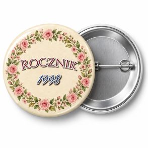 Przypinka Rocznik w Kwiatach: przypinka na spotkanie klasowe z napisem Rocznik oraz polem rok (np. 1998) – przód i aluminiowy tył z agrafką