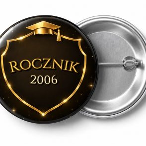 Przypinka Rocznik Złota Tarcza: przypinka na spotkanie klasowe z napisem Rocznik oraz polem rok (np. 2006) – przód i aluminiowy tył z agrafką