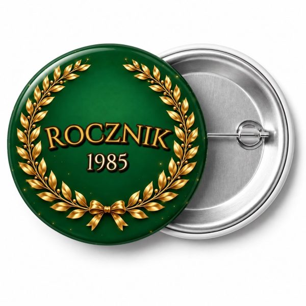 Przypinka Rocznik Złoty Laur: przypinka na spotkanie klasowe z napisem Rocznik oraz polem rok (np. 1985) – przód i aluminiowy tył z agrafką