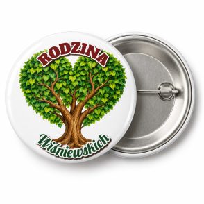 Przypinka Rodzina Drzewo z Sercem: kolorowa przypinka na zjazd rodzinny z napisem RODZINA oraz polem nazwisko (np. Wiśniewskich) – przód i aluminiowy tył z agrafką