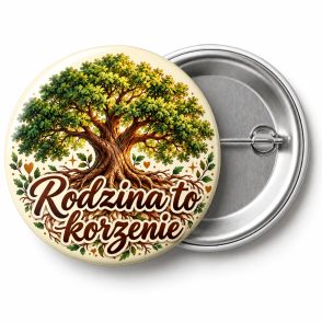 Przypinka Rodzina to Korzenie: kolorowa przypinka na zjazd rodzinny z napisem Rodzina to korzenie – przód i aluminiowy tył z agrafką