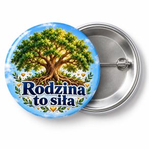 Przypinka Rodzina to Siła: kolorowa przypinka na zjazd rodzinny z napisem Rodzina to siła – przód i aluminiowy tył z agrafką