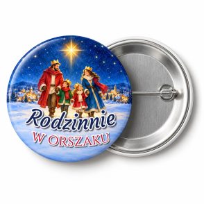 Przypinka Rodzinnie w Orszaku: przypinka na Orszak Trzech Króli z napisem Rodzinnie w orszaku – przód i aluminiowy tył z agrafką