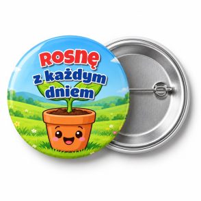 Przypinka Rosnę z Każdym Dniem Kiełek: przypinka na pasowanie na przedszkolaka z napisem Rosnę z każdym dniem – przód i aluminiowy tył z agrafką