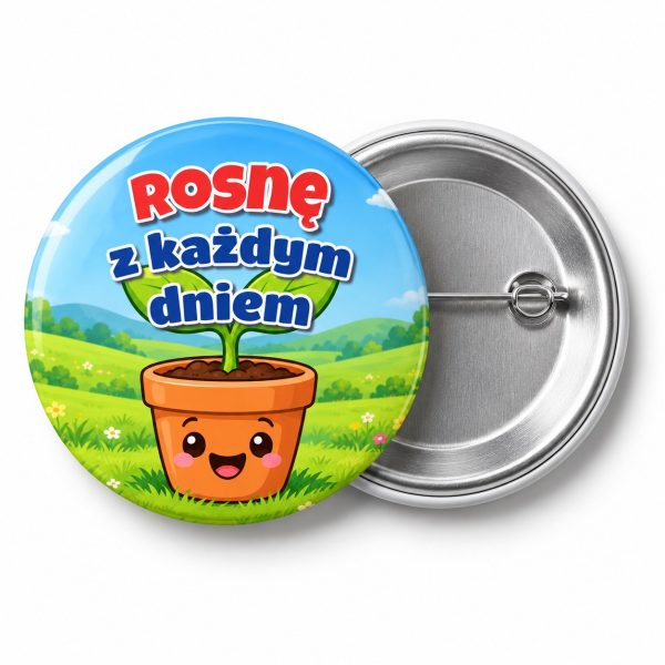 Przypinka Rosnę z Każdym Dniem Kiełek: przypinka na pasowanie na przedszkolaka z napisem Rosnę z każdym dniem – przód i aluminiowy tył z agrafką