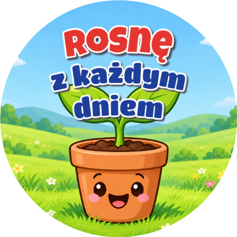 Wzór: Przypinka Rosnę z Każdym Dniem Kiełek – grafika z napisem Rosnę z każdym dniem