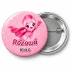 Przypinka Różowa Moc: przypinka na Różowy Październik z napisem Różowa moc – przód i aluminiowy tył z agrafką