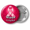Przypinka Różowa Wstążka: przypinka na Różowy Październik z napisem Różowa wstążka – przód i aluminiowy tył z agrafką