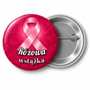 Przypinka Różowa Wstążka: przypinka na Różowy Październik z napisem Różowa wstążka – przód i aluminiowy tył z agrafką
