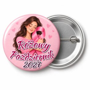 Przypinka Różowy Październik 2027 Kobieta ze Wstążką: przypinka na Różowy Październik z napisem Różowy Październik oraz polem rok (np. 2027) – przód i aluminiowy tył z agrafką
