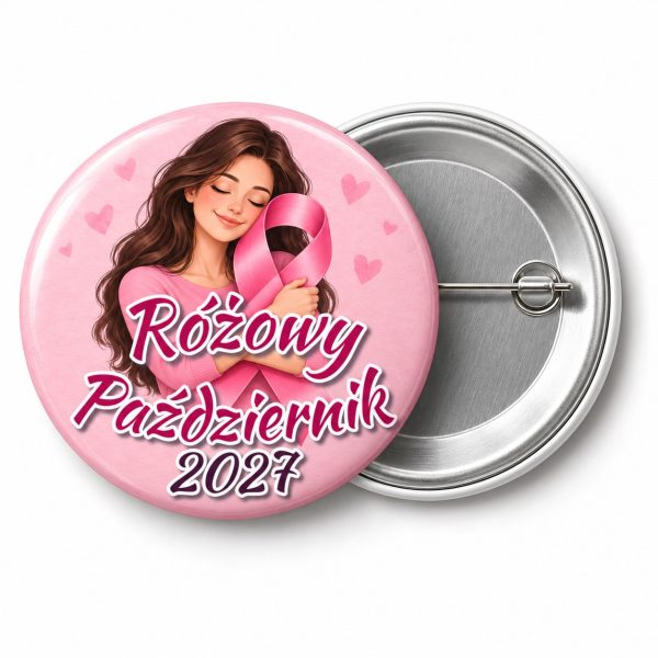 Przypinka Różowy Październik 2027 Kobieta ze Wstążką: przypinka na Różowy Październik z napisem Różowy Październik oraz polem rok (np. 2027) – przód i aluminiowy tył z agrafką