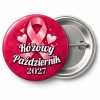Przypinka Różowy Październik 2027 Malinowe Serca: przypinka na Różowy Październik z napisem Różowy Październik oraz polem rok (np. 2027) – przód i aluminiowy tył z agrafką