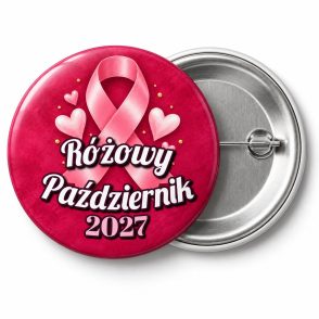 Przypinka Różowy Październik 2027 Malinowe Serca: przypinka na Różowy Październik z napisem Różowy Październik oraz polem rok (np. 2027) – przód i aluminiowy tył z agrafką