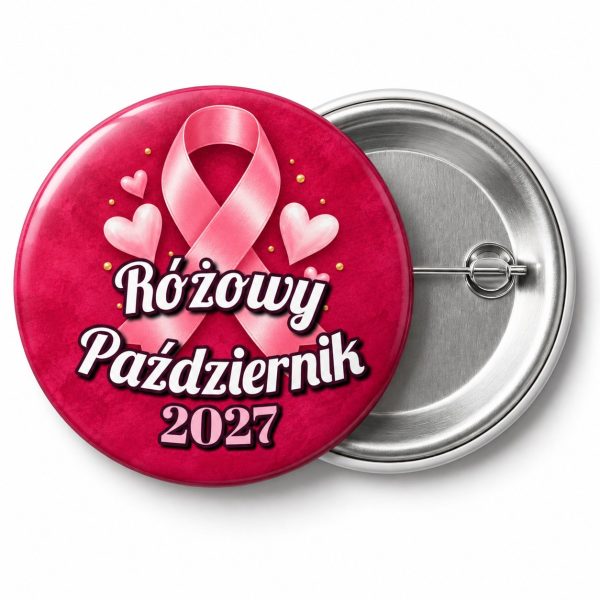 Przypinka Różowy Październik 2027 Malinowe Serca: przypinka na Różowy Październik z napisem Różowy Październik oraz polem rok (np. 2027) – przód i aluminiowy tył z agrafką
