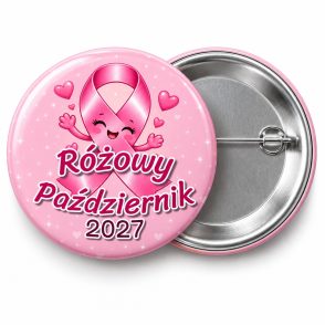 Przypinka Różowy Październik 2027 Wesoła Wstążka: przypinka na Różowy Październik z napisem Różowy Październik oraz polem rok (np. 2027) – przód i aluminiowy tył z agrafką