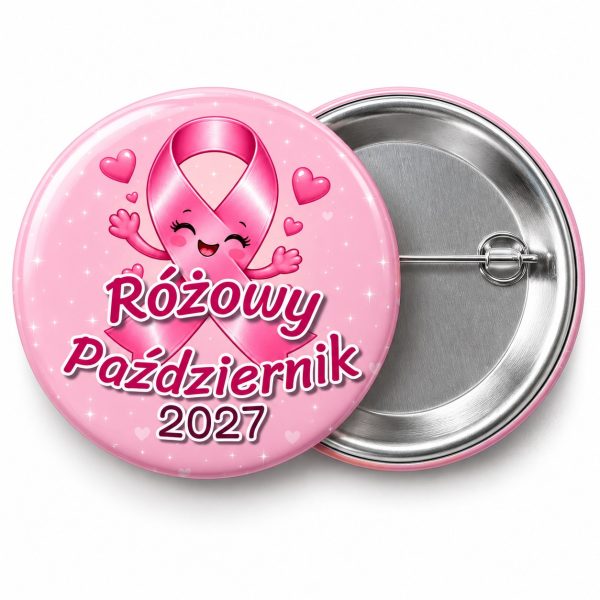 Przypinka Różowy Październik 2027 Wesoła Wstążka: przypinka na Różowy Październik z napisem Różowy Październik oraz polem rok (np. 2027) – przód i aluminiowy tył z agrafką