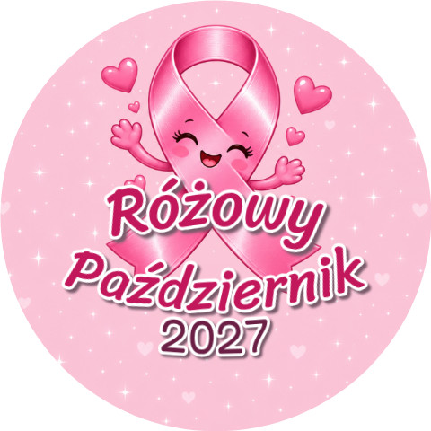 Wzór: Przypinka Różowy Październik 2027 Wesoła Wstążka – napis Różowy Październik i pole rok