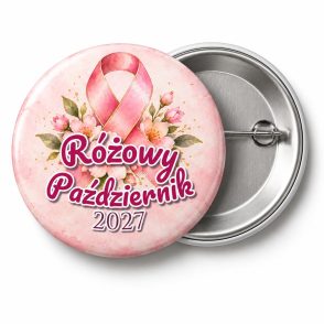 Przypinka Różowy Październik 2027 Wstążka z Kwiatami: przypinka na Różowy Październik z napisem Różowy Październik oraz polem rok (np. 2027) – przód i aluminiowy tył z agrafką