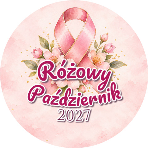 Wzór: Przypinka Różowy Październik 2027 Wstążka z Kwiatami – napis Różowy Październik i pole rok