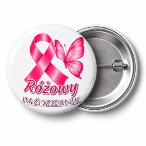 Przypinka Różowy Październik Biały Motyl: przypinka na Różowy Październik z napisem Różowy październik – przód i aluminiowy tył z agrafką