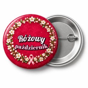 Przypinka Różowy Październik Biały Wianek: przypinka na Różowy Październik z napisem Różowy październik – przód i aluminiowy tył z agrafką