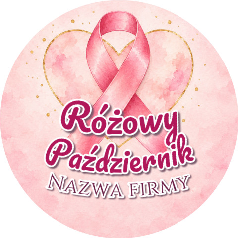 Wzór: Przypinka Różowy Październik Firma Serce – napis Różowy Październik i pole nazwa firmy
