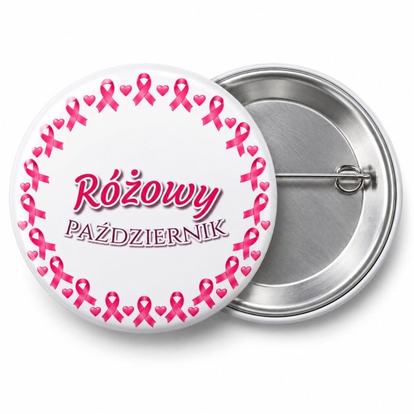 Przypinka Różowy Październik Pierścień Wstążek: przypinka na Różowy Październik z napisem Różowy październik – przód i aluminiowy tył z agrafką