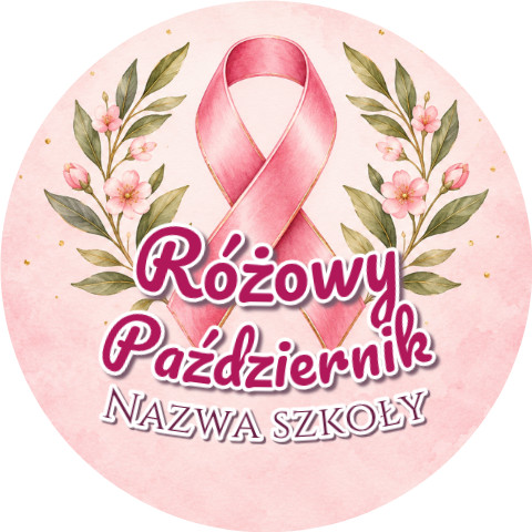 Wzór: Przypinka Różowy Październik Szkoła Gałązki – napis Różowy Październik i pole nazwa szkoły