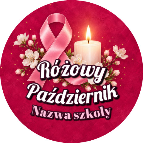 Wzór: Przypinka Różowy Październik Szkoła Świeca – napis Różowy Październik i pole nazwa szkoły
