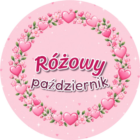 Wzór: Przypinka Różowy Październik Wianek Serduszek – grafika z napisem Różowy październik