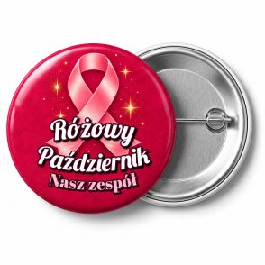 Przypinka Różowy Październik Zespół Gwiazdki: przypinka na Różowy Październik z napisem Różowy Październik oraz polem zespół (np. Nasz zespół) – przód i aluminiowy tył z agrafką