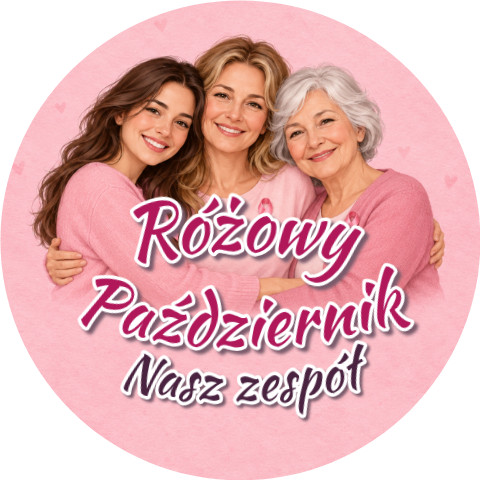 Wzór: Przypinka Różowy Październik Zespół Przyjaciółki – napis Różowy Październik i pole zespół