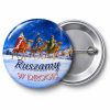 Przypinka Ruszamy w Drogę: przypinka na Orszak Trzech Króli z napisem Ruszamy w drogę! – przód i aluminiowy tył z agrafką