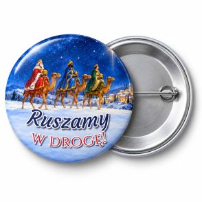Przypinka Ruszamy w Drogę: przypinka na Orszak Trzech Króli z napisem Ruszamy w drogę! – przód i aluminiowy tył z agrafką