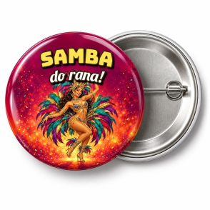 Przypinka Samba do Rana: przypinka na Sylwestra z napisem Samba do rana! – przód i aluminiowy tył z agrafką