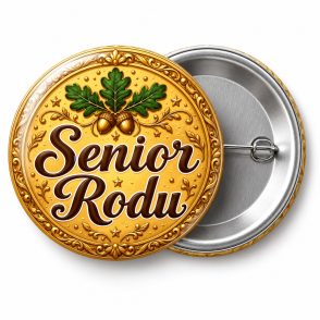 Przypinka Senior Rodu Medal: kolorowa przypinka na zjazd rodzinny z napisem Senior Rodu – przód i aluminiowy tył z agrafką
