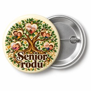 Przypinka Senior Rodu: kolorowa przypinka na Dzień Seniora z napisem Senior rodu – przód i aluminiowy tył z agrafką