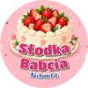 Wzór: Przypinka Słodka Babcia z Tortem – napis Słodka Babcia i pole dopisek na pastelowej grafice