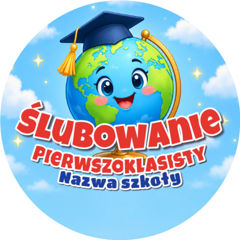 Wzór: Przypinka Ślubowanie Pierwszoklasisty z Nazwą Szkoły Globus w Birecie – napis Ślubowanie Pierwszoklasisty i pole nazwa szkoły