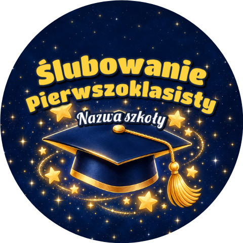 Wzór: Przypinka Ślubowanie Pierwszoklasisty z Nazwą Szkoły Gwiezdny Biret – napis Ślubowanie Pierwszoklasisty i pole nazwa szkoły