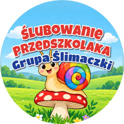 Wzór: Przypinka Ślubowanie Przedszkolaka Grupa Ślimaczki – napis Ślubowanie Przedszkolaka i pole grupa