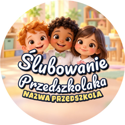 Wzór: Przypinka Ślubowanie Przedszkolaka z Nazwą Przedszkola Wesoła Gromadka – napis Ślubowanie Przedszkolaka i pole nazwa przedszkola