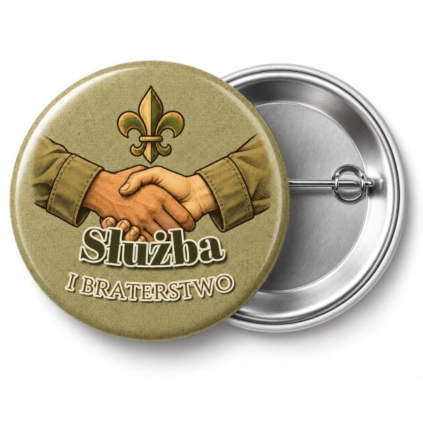 Przypinka Służba i Braterstwo: przypinka na Dzień Myśli Braterskiej z napisem Służba i braterstwo – przód i aluminiowy tył z agrafką